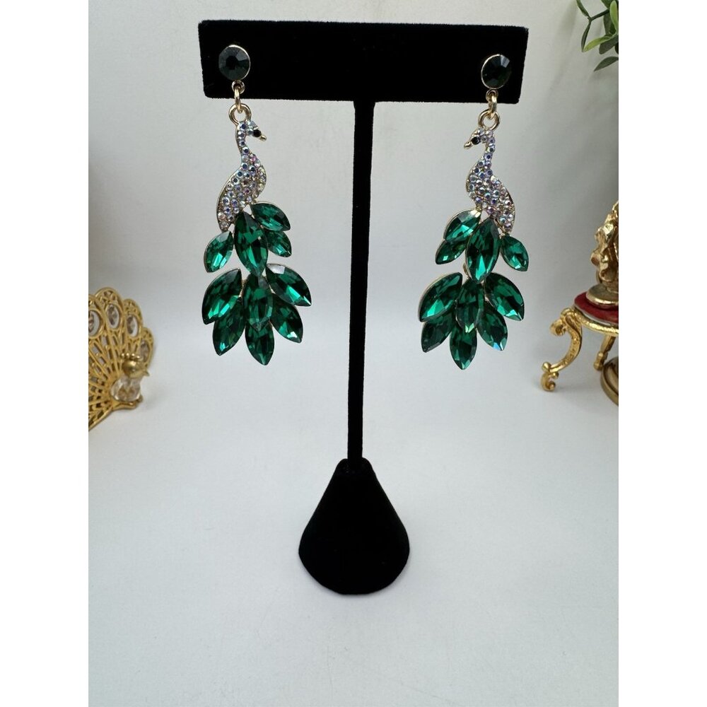 Peacock Drop Earrings Rhinestone Crystal Dangle Chandelier 2.9 inch Green - Picture 2 of 7